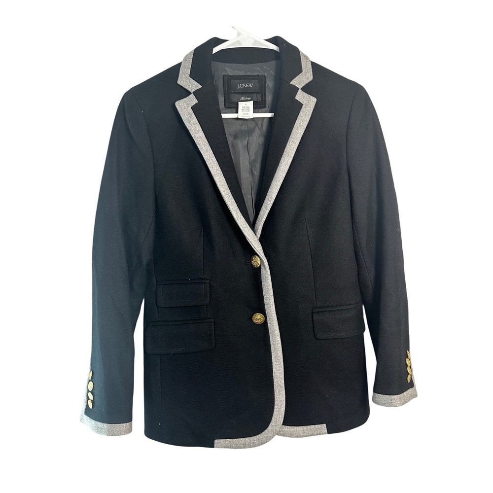 J.Crew Jacket Black Wool Blazer Gray Trim Gold Crest Buttons Size 4